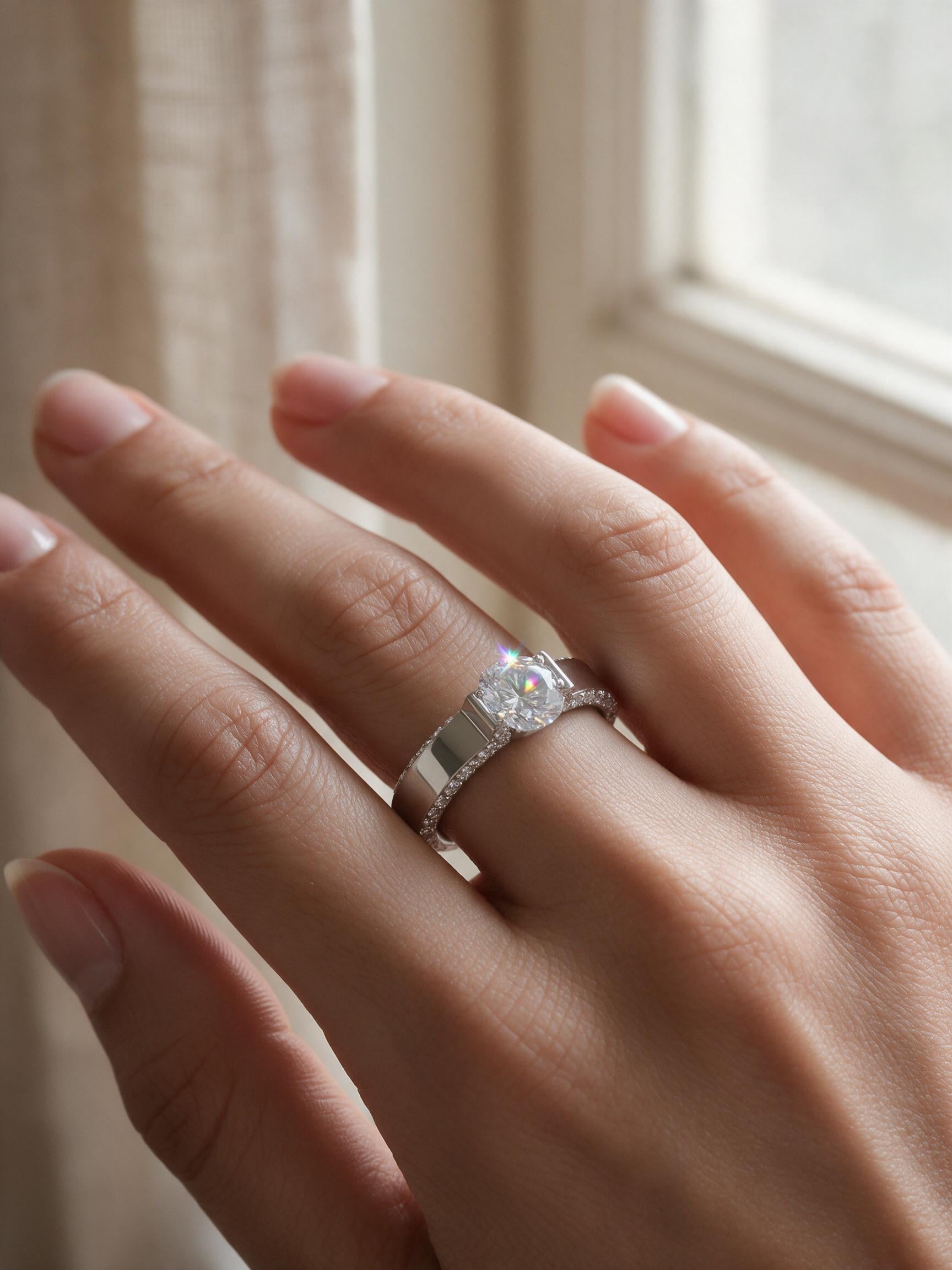 Bague Alma argentée portée à la main, finition acier poli miroir