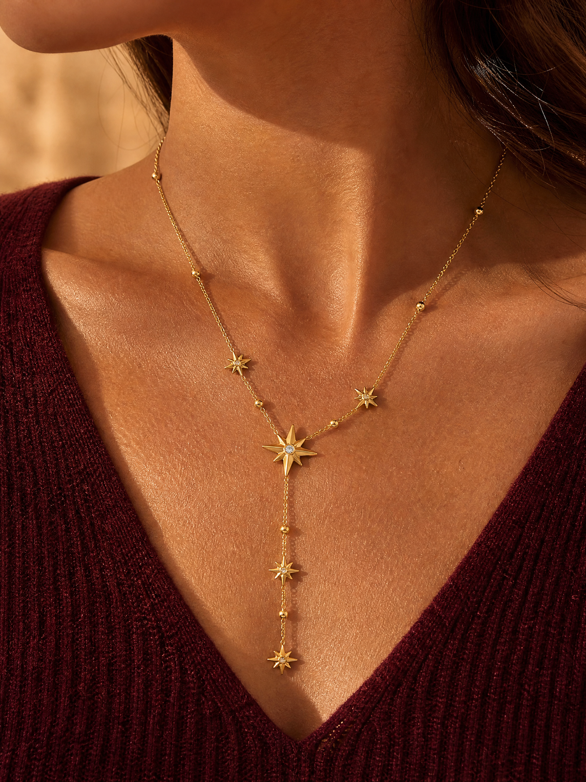 Collier Lucine – Étoiles Célestes & Chaîne Perlée Dorée | Acier Inoxydable 18K