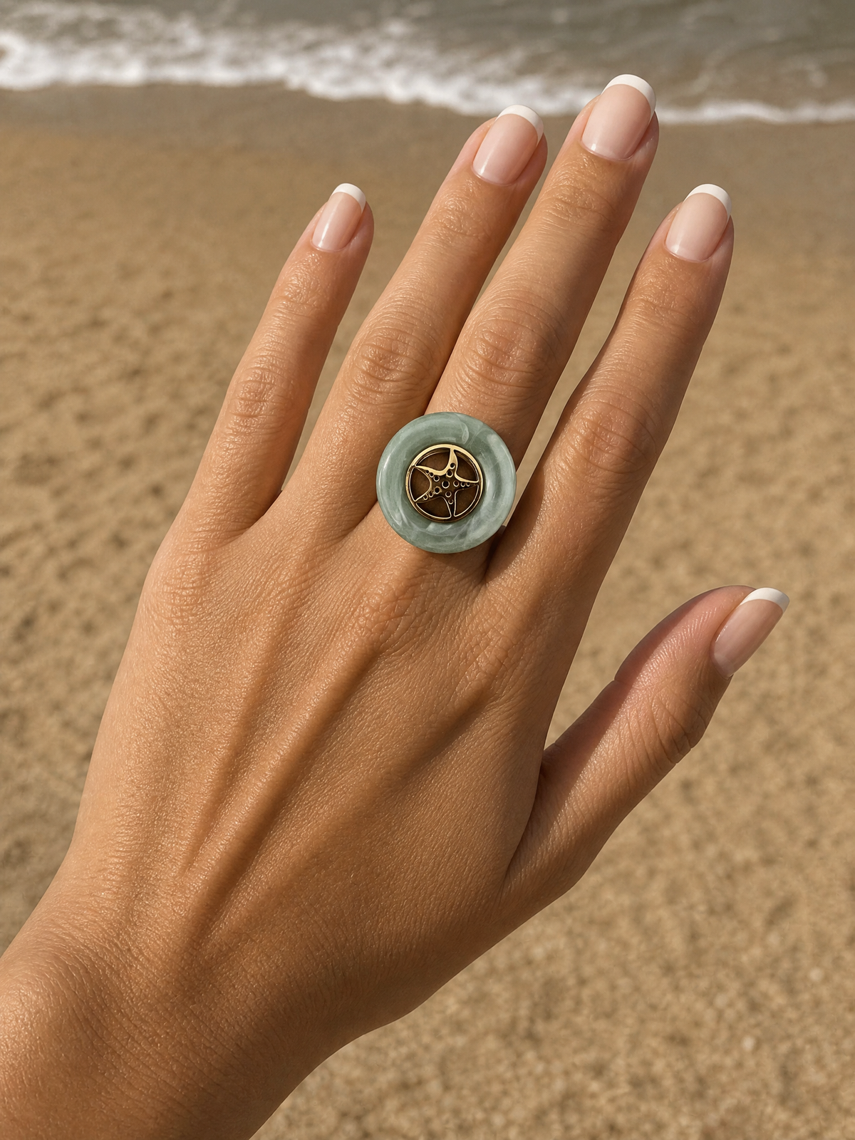 Bague Océane – Étoile de Mer ou Coquillage Doré & Pierre Naturelle | Acier Inoxydable