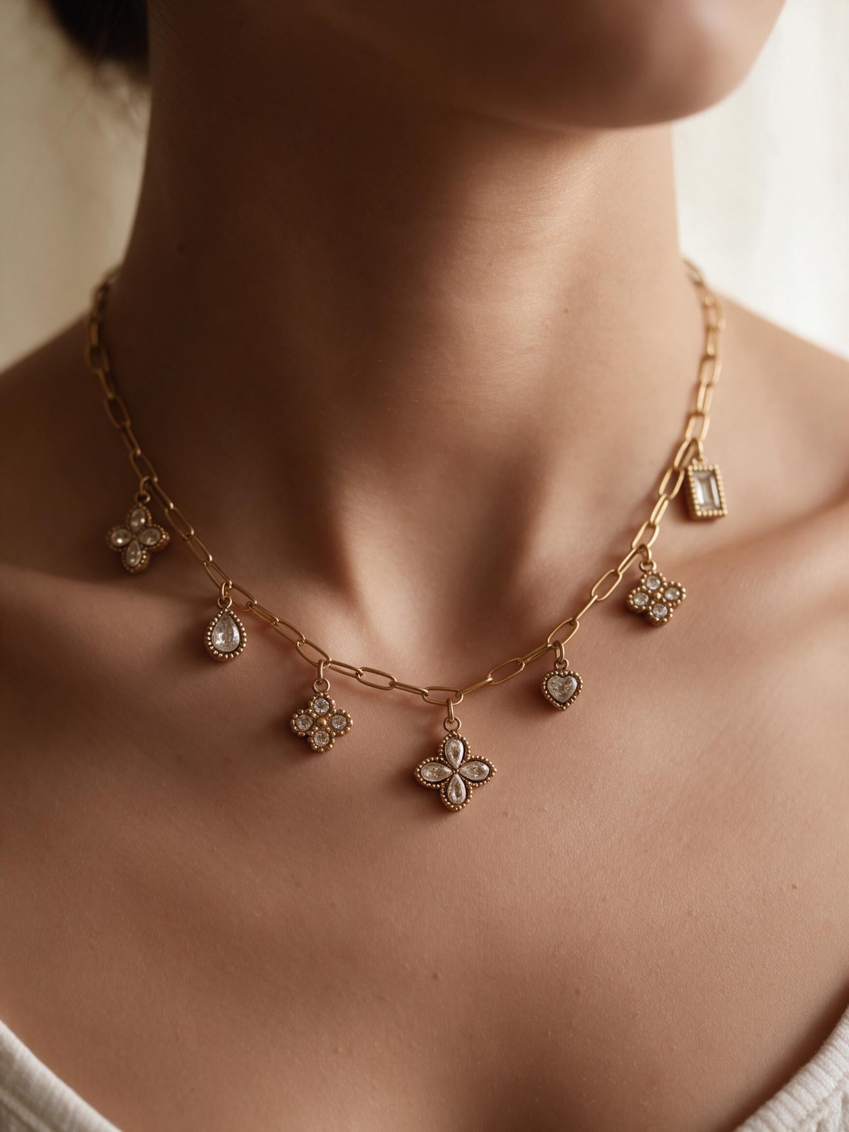 Collier Anela porté en gros plan – sept pendentifs sertis, quatre-feuilles, goutte, cœur et rectangle, sur chaîne à maillons trombone dorée