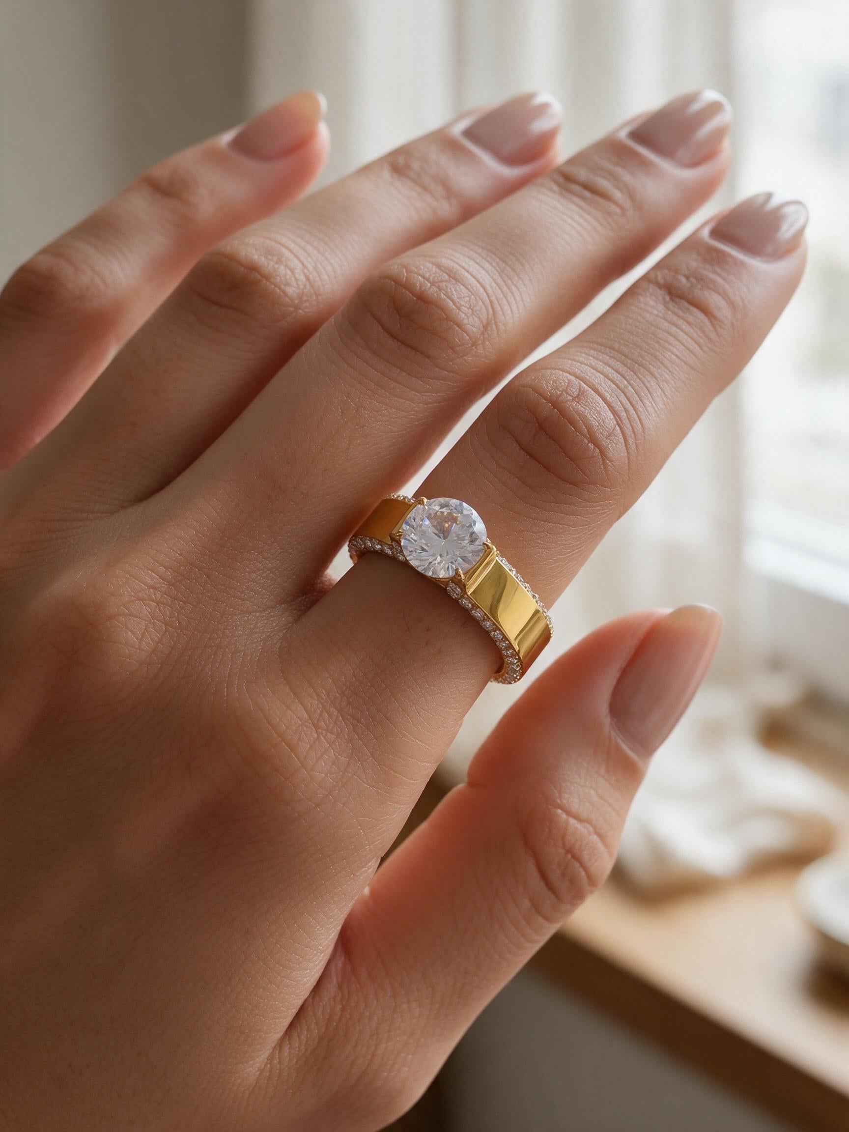 Bague Alma dorée portée à la main, bague solitaire à bande large en acier inoxydable