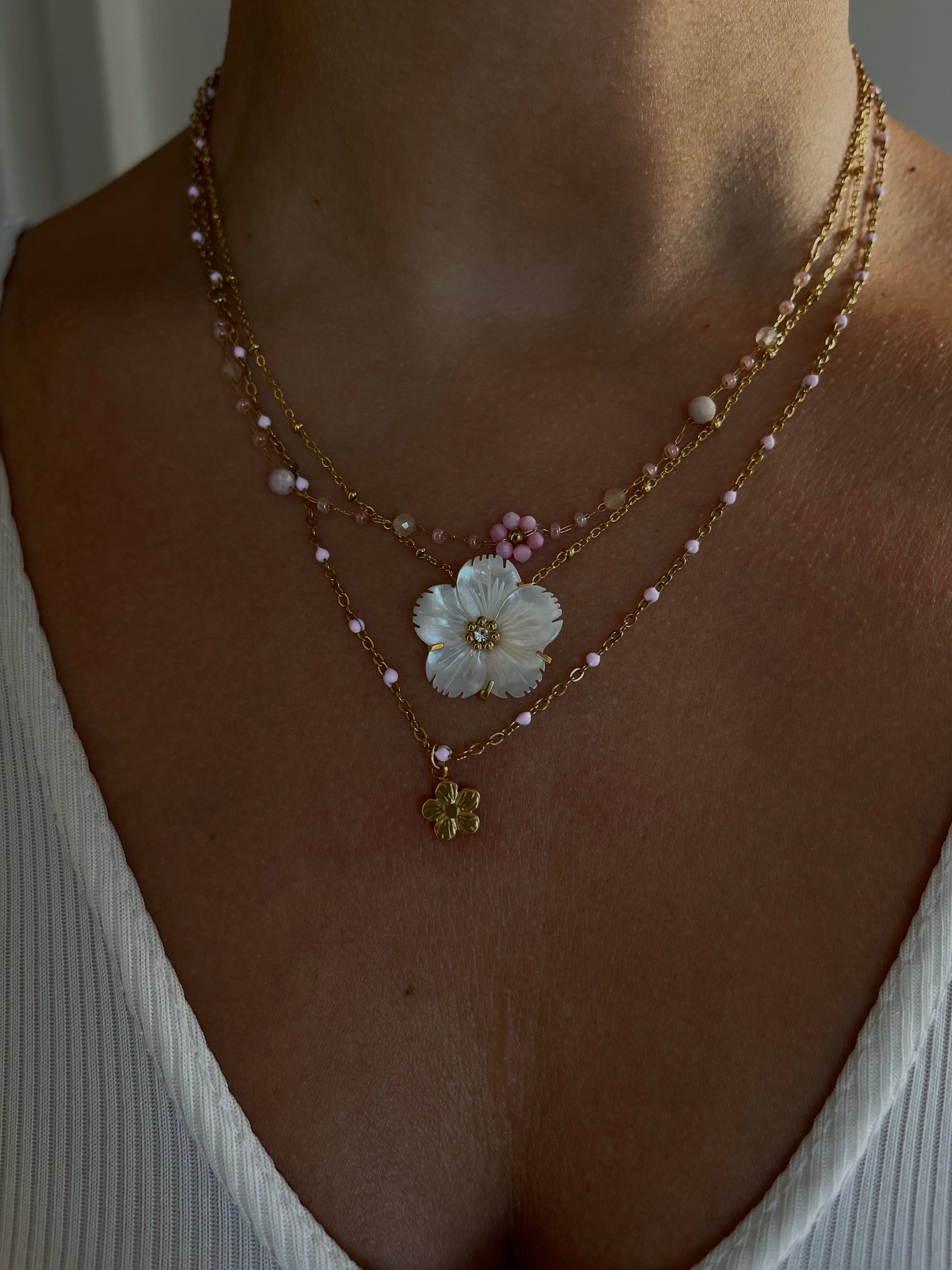 Collier Aurora double rang perles roses bijou femme doré acier inoxydable M.Daniel