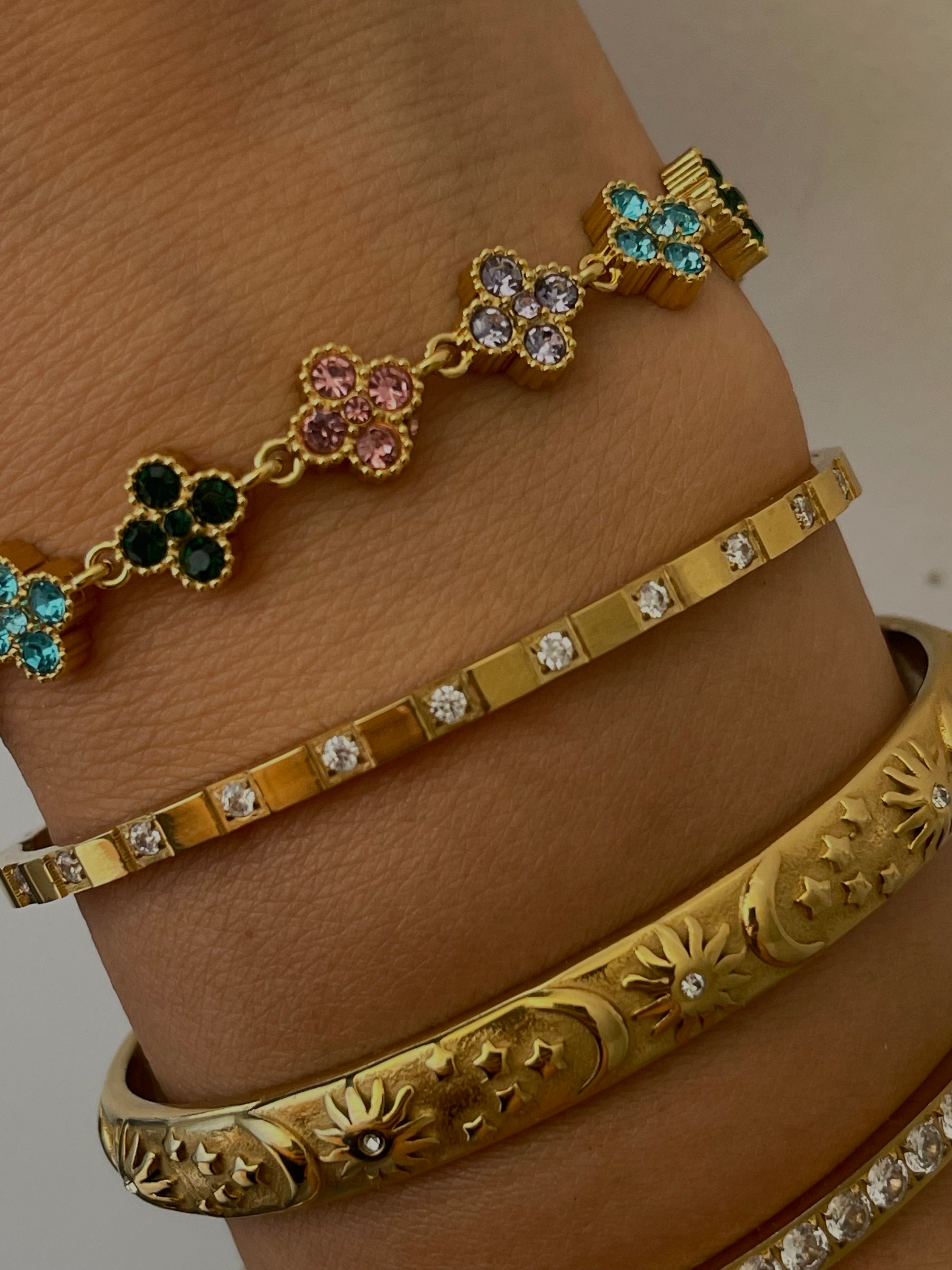 Bracelet Verveine acier inoxydable plaqué or 18K, fleurs multicolores waterproof