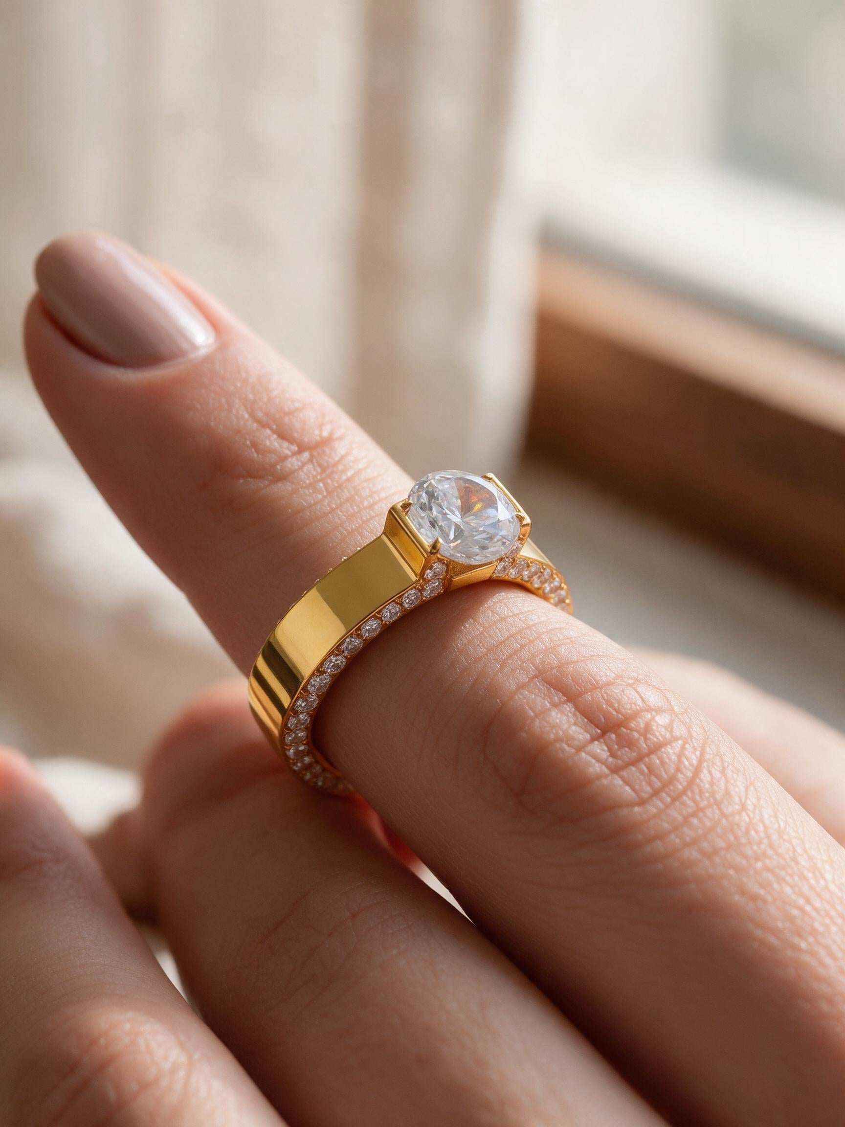 Bague Alma dorée portée, gros plan sur le zircon central serti entre deux parois droites