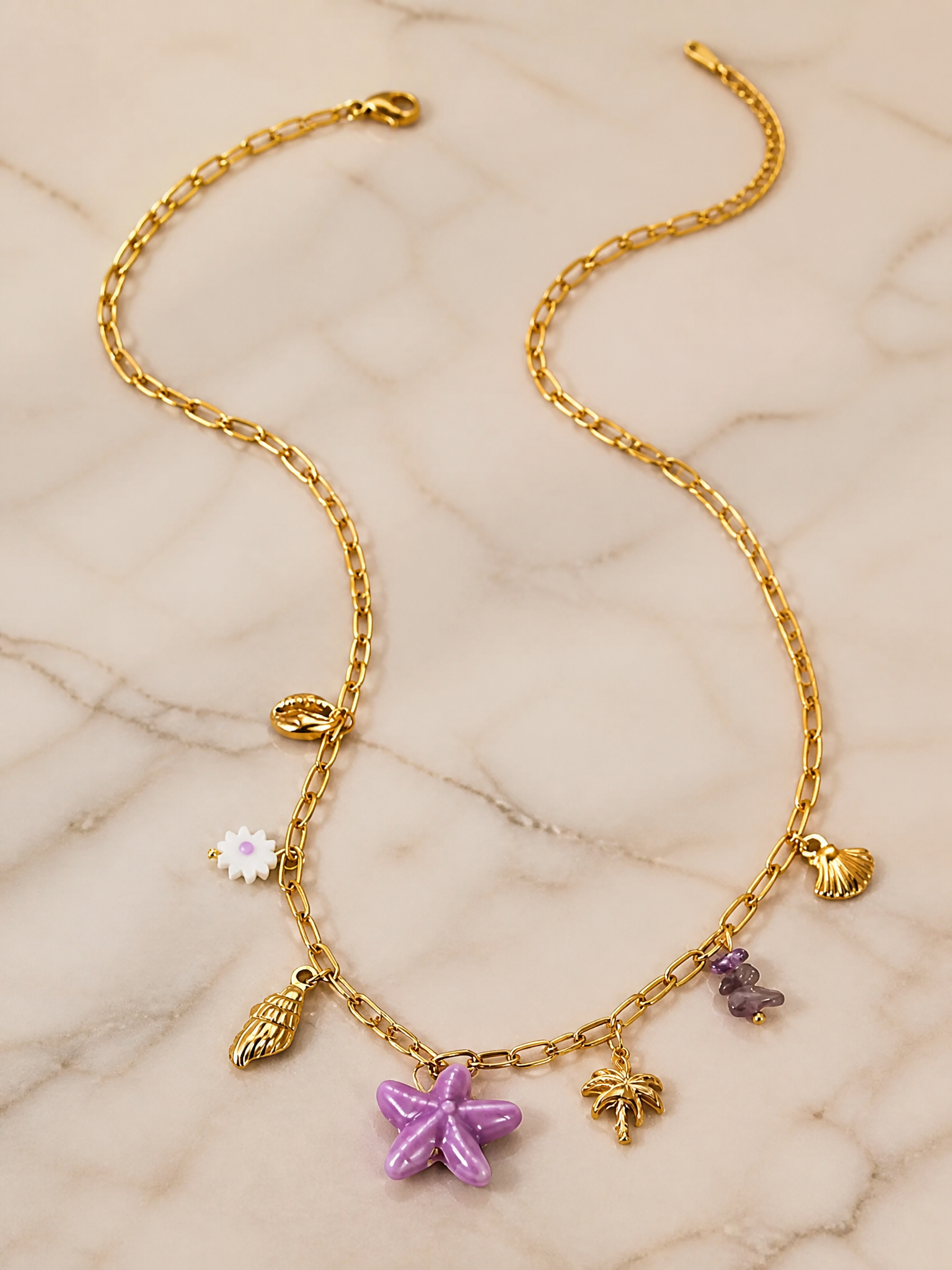 Collier Oceana – Étoile de Mer, Coquillages & Palmier | Acier Inoxydable Doré