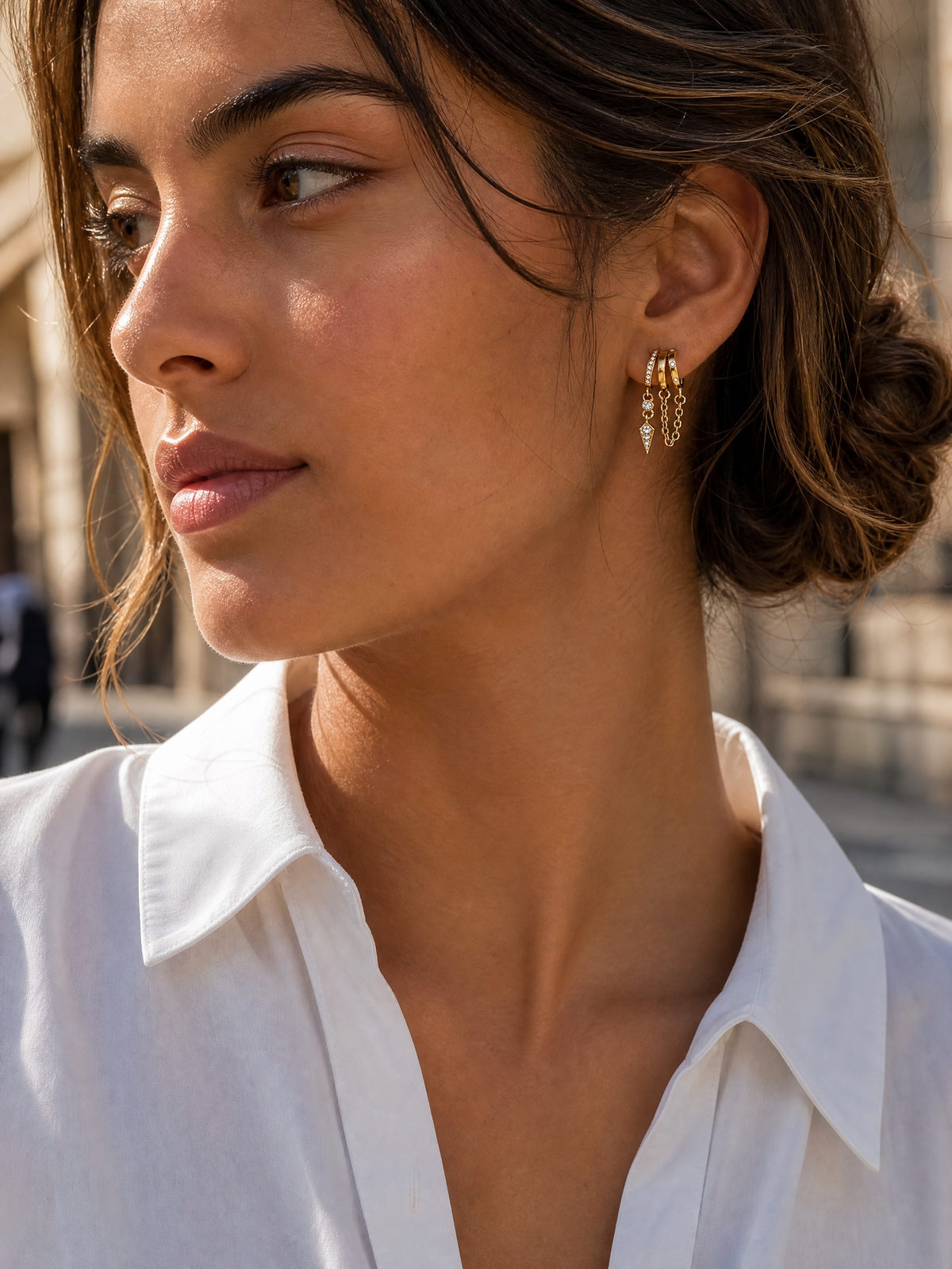 Boucles d'oreilles Romy – Triple Créoles Dorées, Chaînes & Zircons | Waterproof