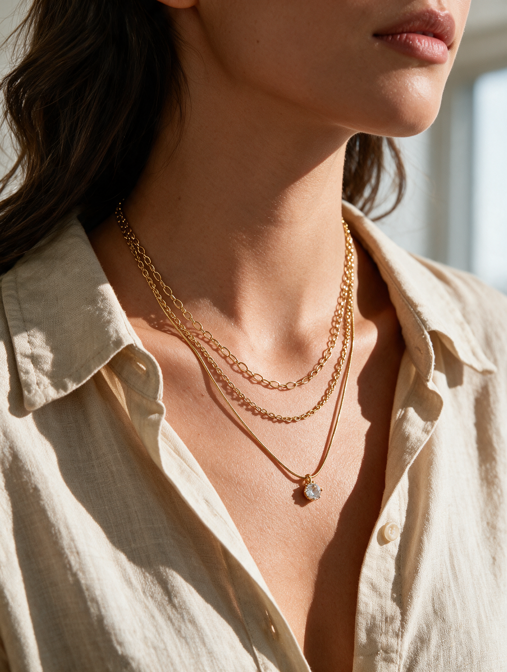 Collier Sérénade – Triple Rang & Solitaire Zircon | Acier Inoxydable 18K