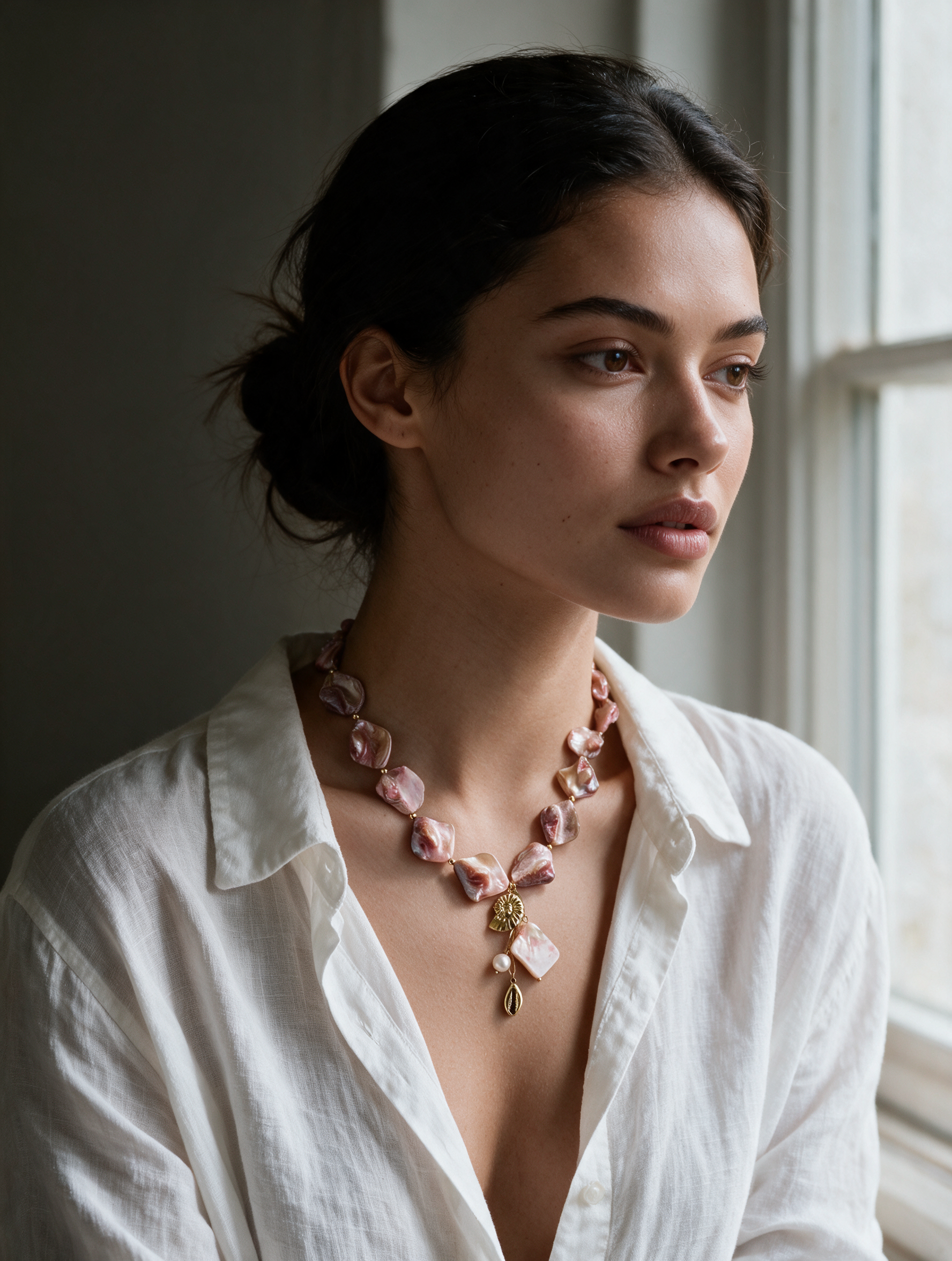 Collier Sirena porté sur chemise blanche, pendentif coquillage doré centré sur la clavicule