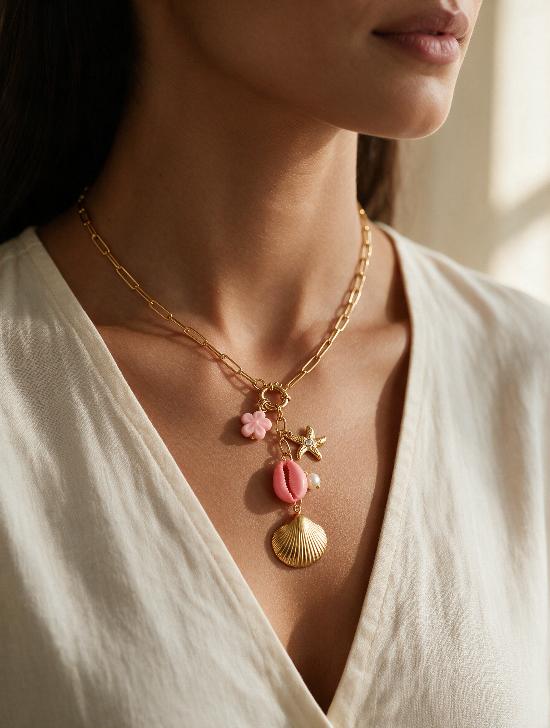 Collier Riviera – Grappe de Charms Marins & Coquille Dorée | Acier Inoxydable Doré